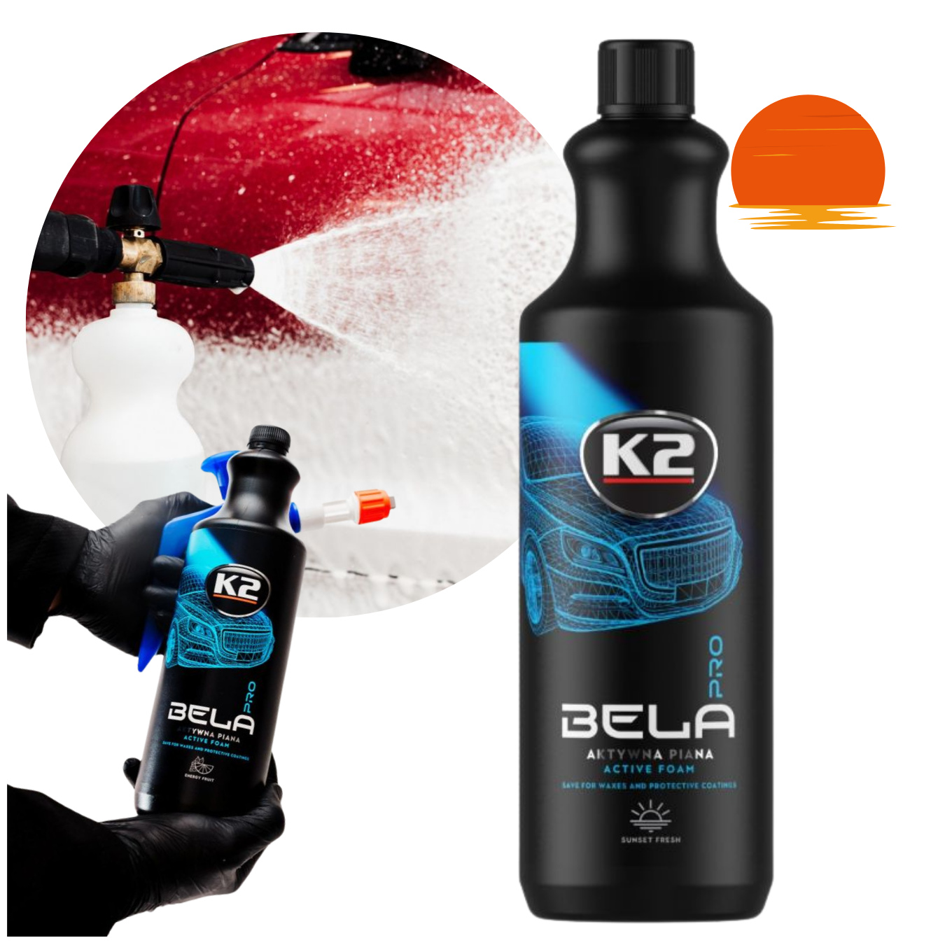 Aktywna piana do mycia auta k2 bela pro sunset fresh skuteczna wydajna 1l