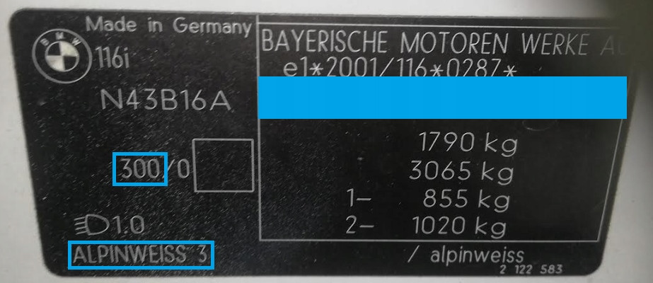 Tabliczka z kodem koloru BMW 300 Alpinweiss