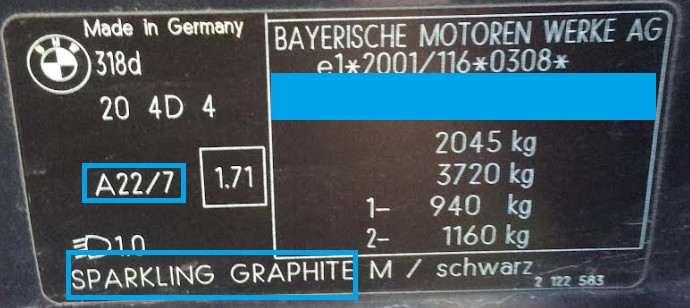 Tabliczka z kodem koloru BMW A22 Sparkling Graphite